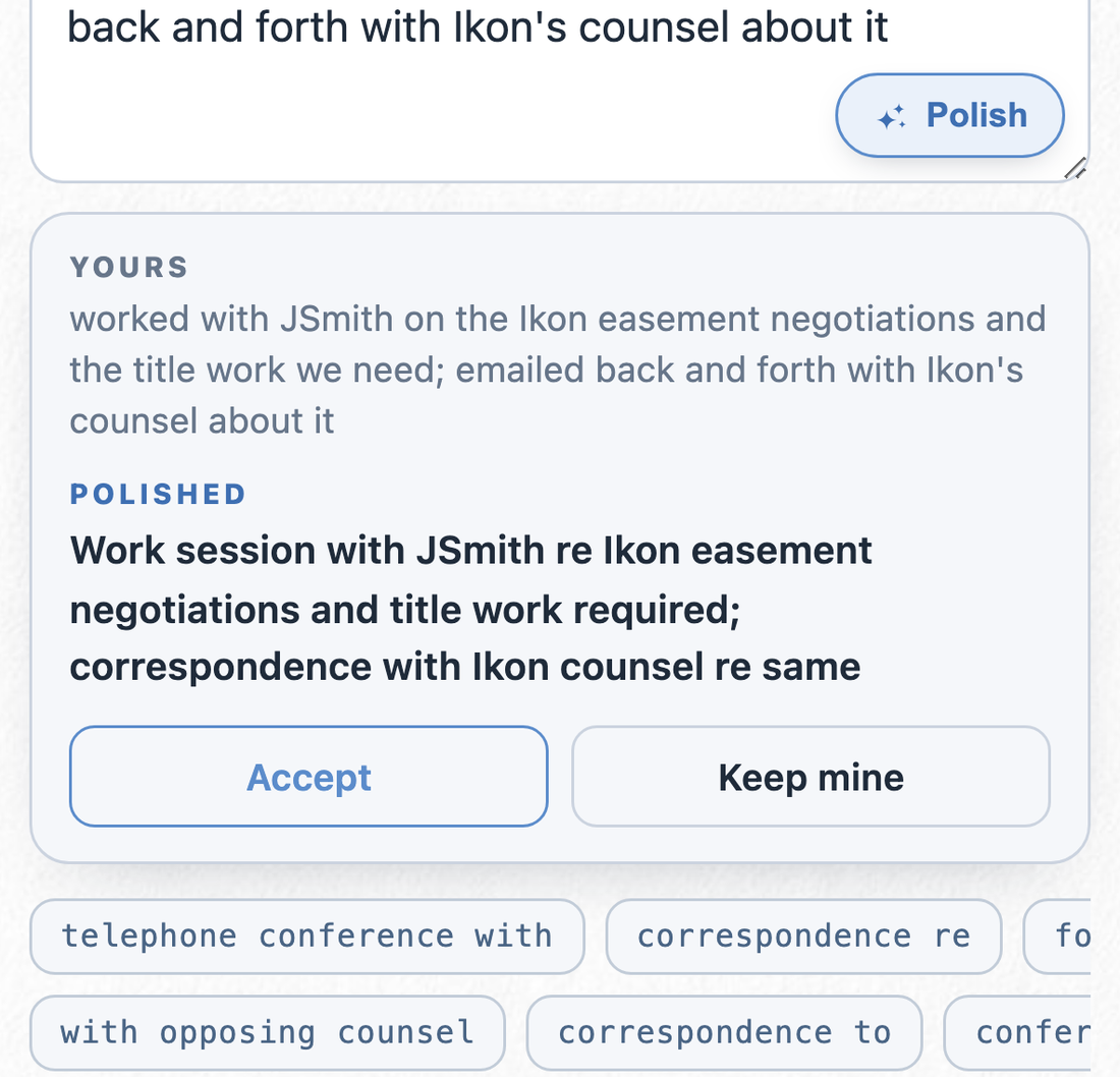 Polish before-and-after card: the rough summary-judgment note above the polished semicolon-separated version, with Accept and Keep mine buttons