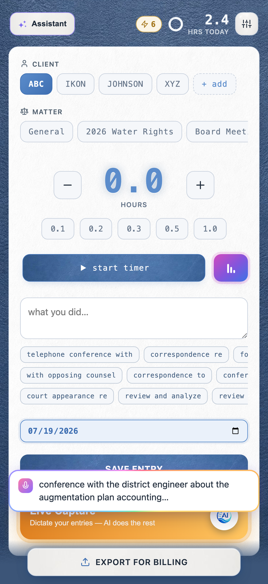 The capture screen with the quick-mic bubble showing a spoken entry being transcribed live, above client chips and the coral start-timer button
