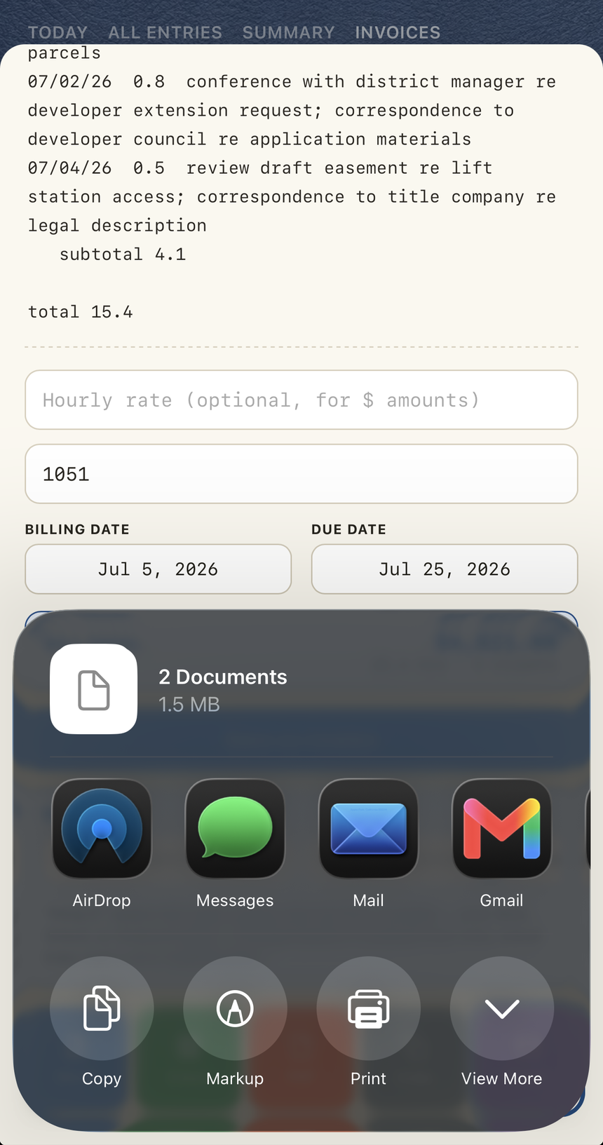 The export slip with the iOS share sheet open over it: two bill documents attached, with AirDrop, Messages, Mail, and Gmail as destinations