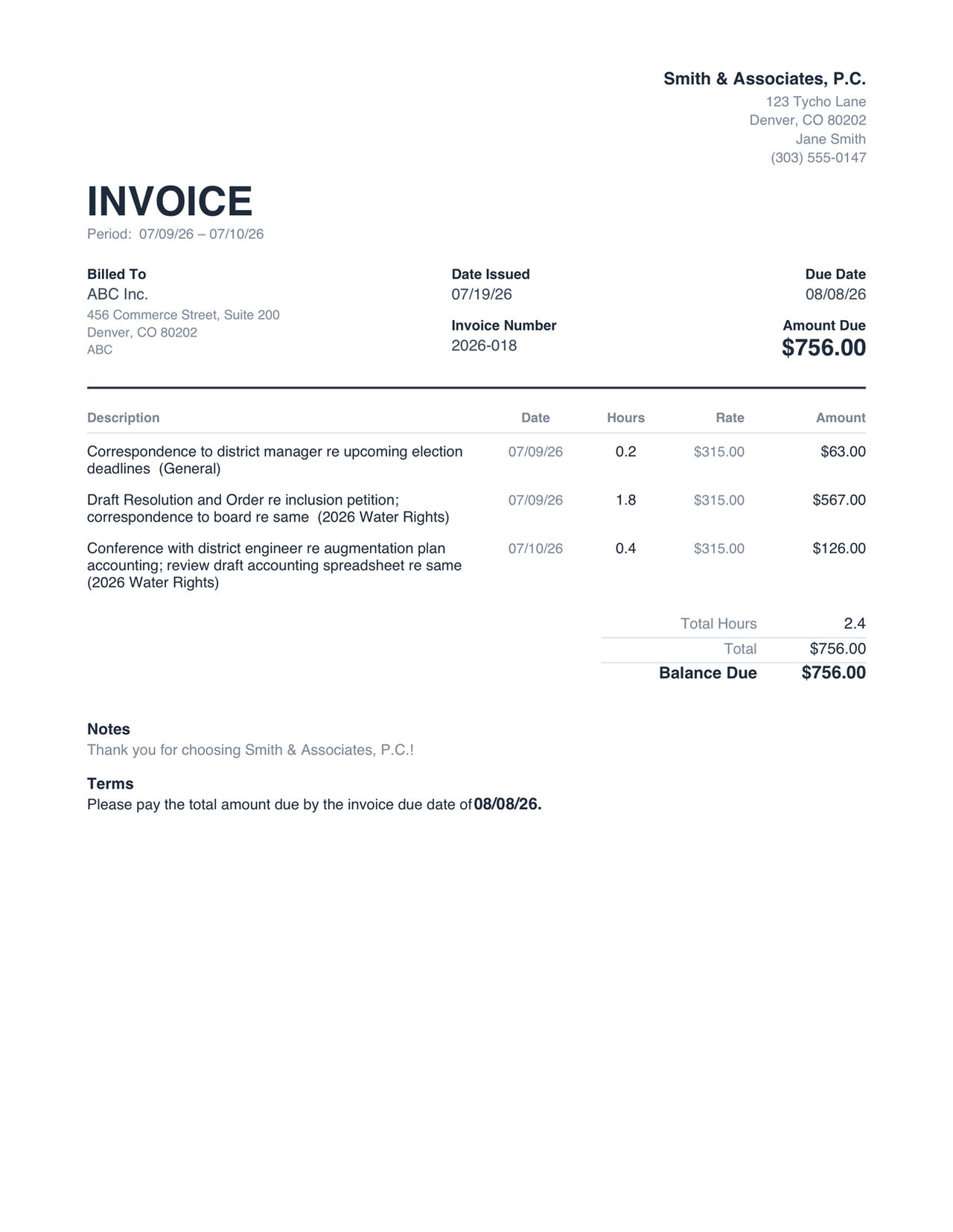 A finished OnPoint invoice on firm letterhead: logo, firm block, billed-to details, three itemized entries with dates, hours, rate and amounts, total hours 9.2, and balance due $2,898.00