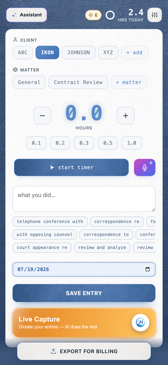 The capture screen in the professional theme: navy leather background with white cards