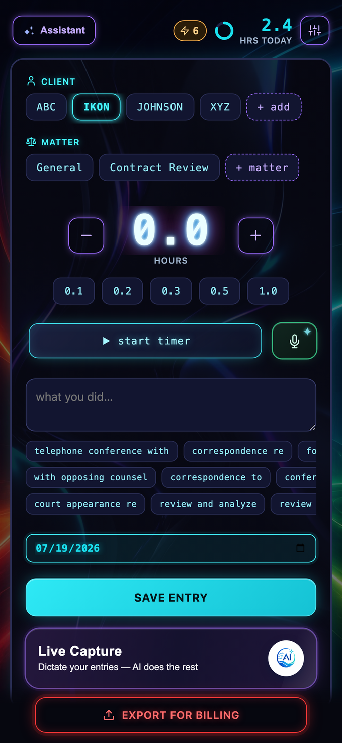 The capture screen in the dark theme: near-black background with neon accents
