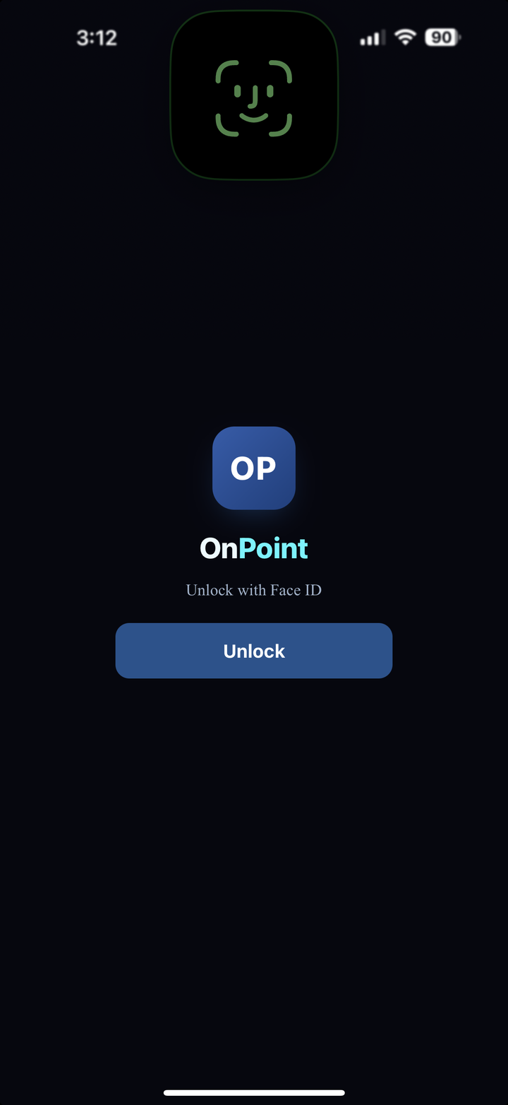 OnPoint's lock screen: the OnPoint mark with 'Unlock with Face ID' and an Unlock button on a dark background