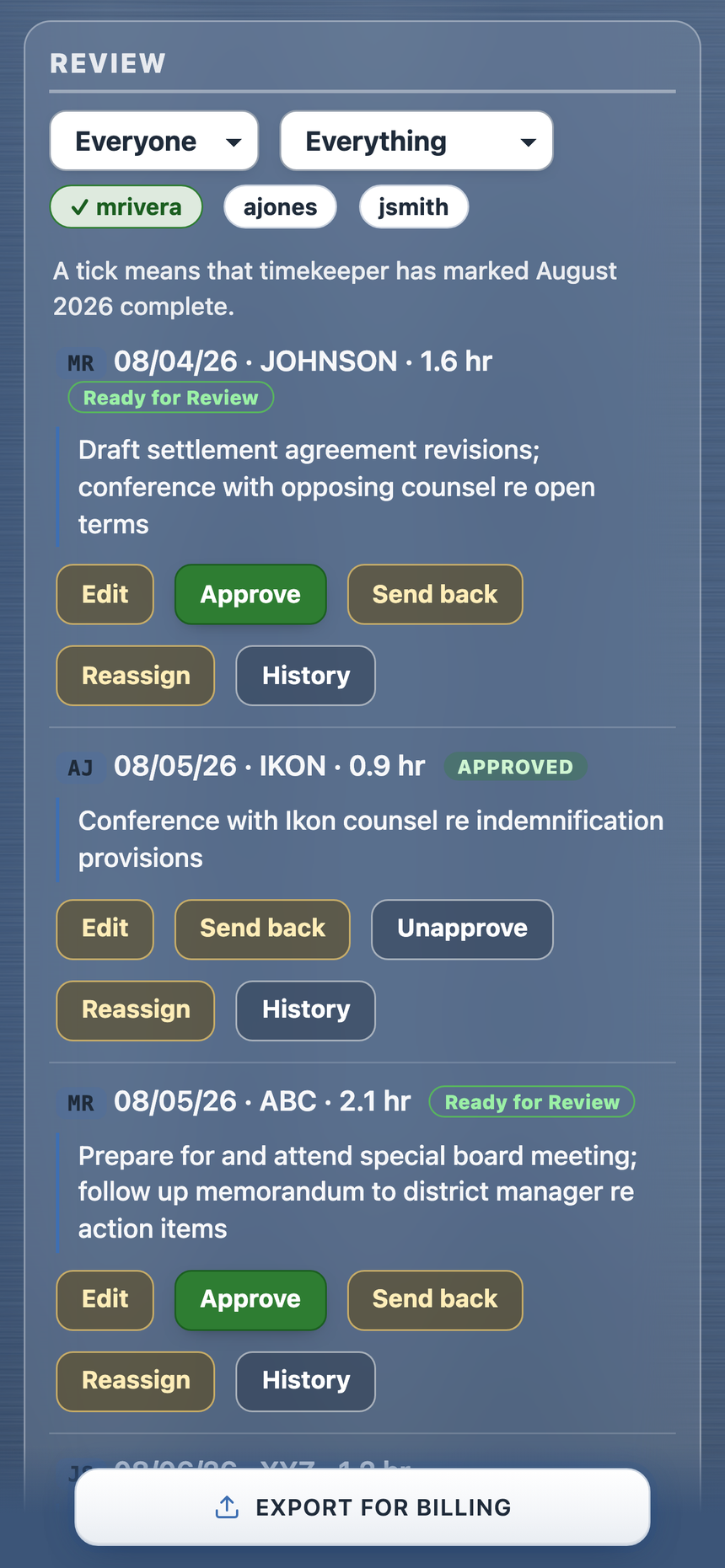The firm review queue: approve, send back, or edit entries, with Ready for Review badges