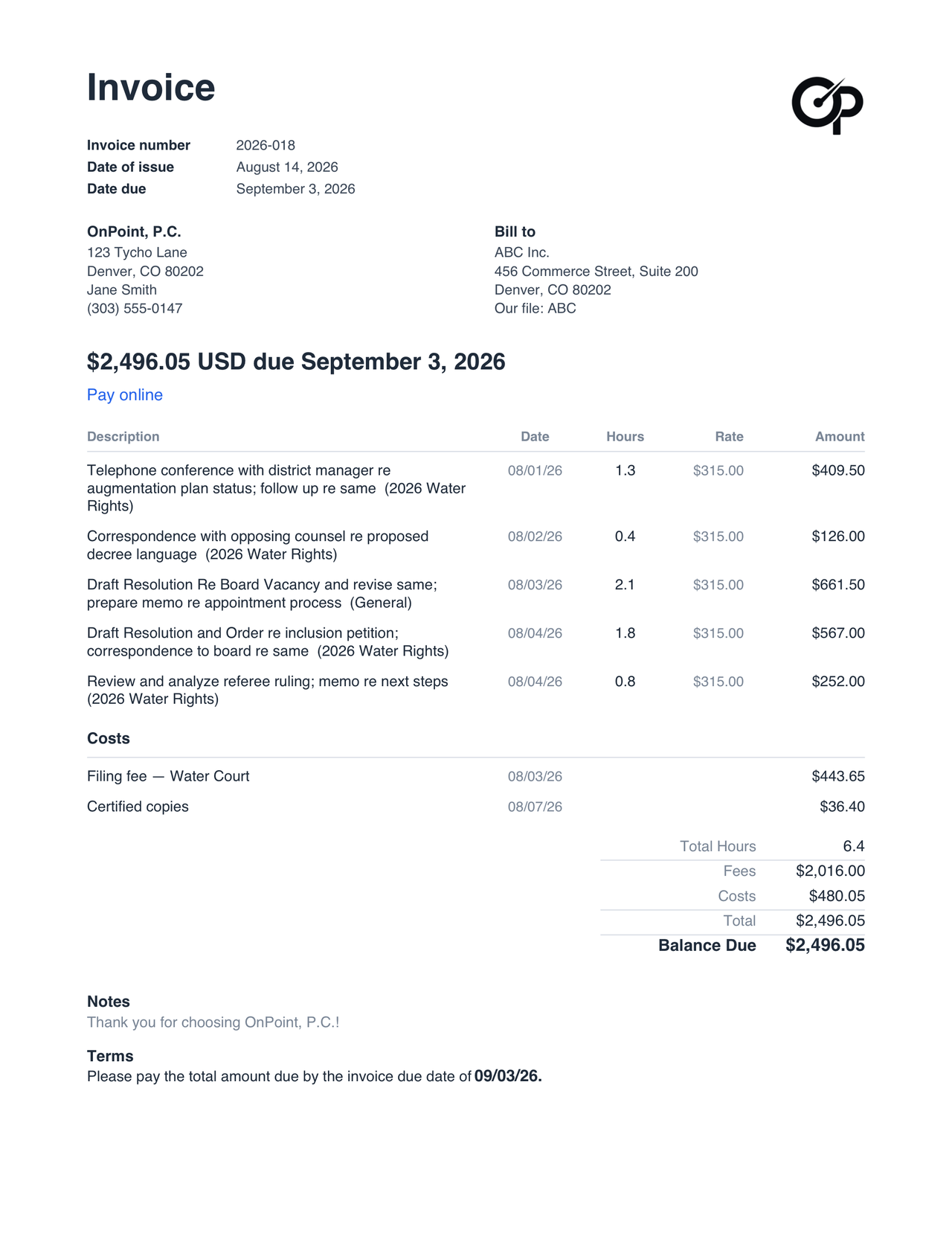 A Modern-style OnPoint invoice: the firm's logo top right, invoice number and dates, the amount due up front with a blue Pay online link, itemized fees, a costs section, and totals