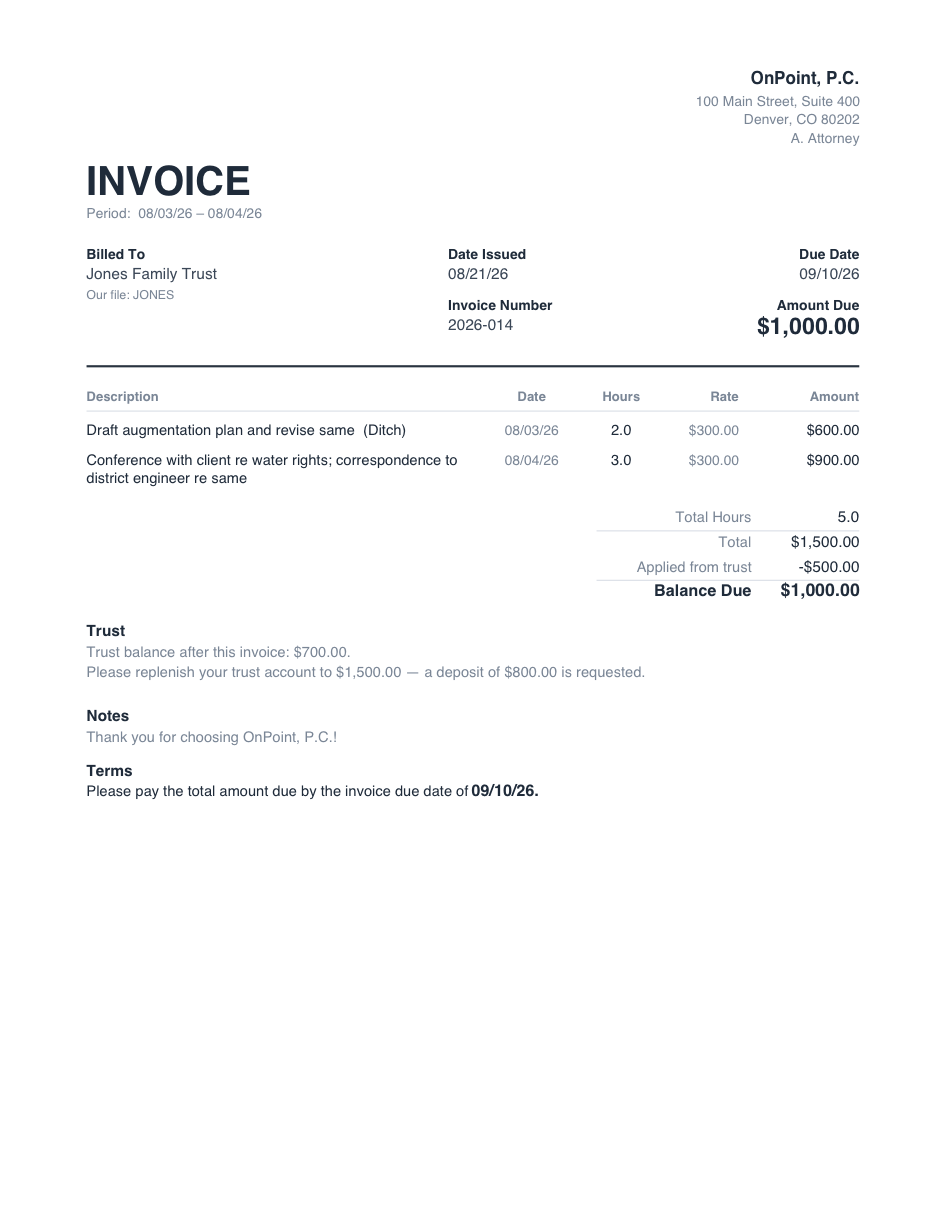 An OnPoint invoice whose totals read Total $1,500.00, Applied from trust -$500.00, Balance Due $1,000.00, followed by a Trust block: trust balance after this invoice $700.00, and a request to replenish the trust account to $1,500.00