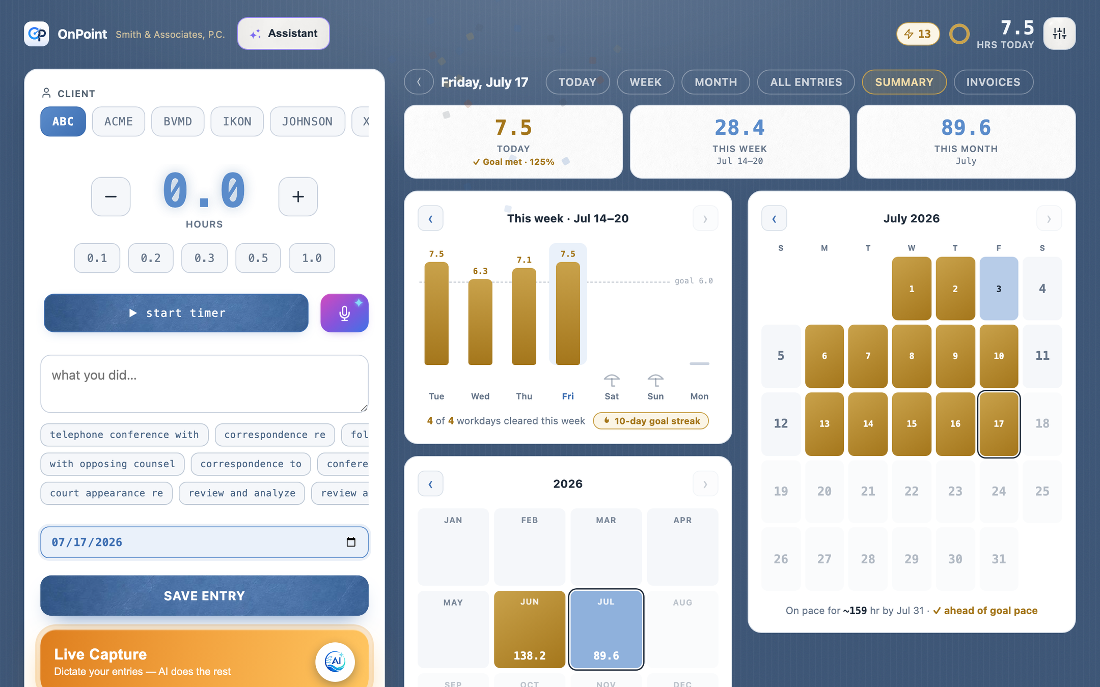 The desktop Summary: goal-met week bars, a gold month calendar, and the annual counter of monthly totals